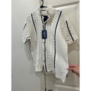 NEW - VSTR Mens Knit Button Up Short Sleeve Shirt White Black Summer Casual